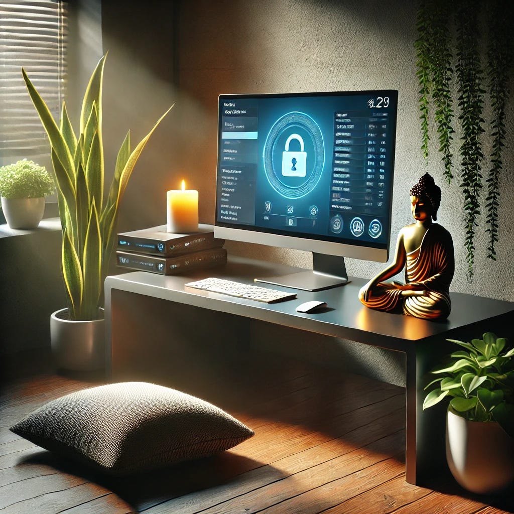 A photorealistic depiction of a serene workspace that merges mindfulness and cybersecurity. The image features a sleek, minimalist desk setup with a glowing computer monitor displaying a digital firewall interface. Beside it, a small meditation setup includes a cushion, a candle, and a Buddha statue. The scene is bathed in soft natural light from a nearby window, with lush green plants in the background to emphasize tranquility and focus. The overall mood combines technology and peace, symbolizing balance and protection in the digital age.