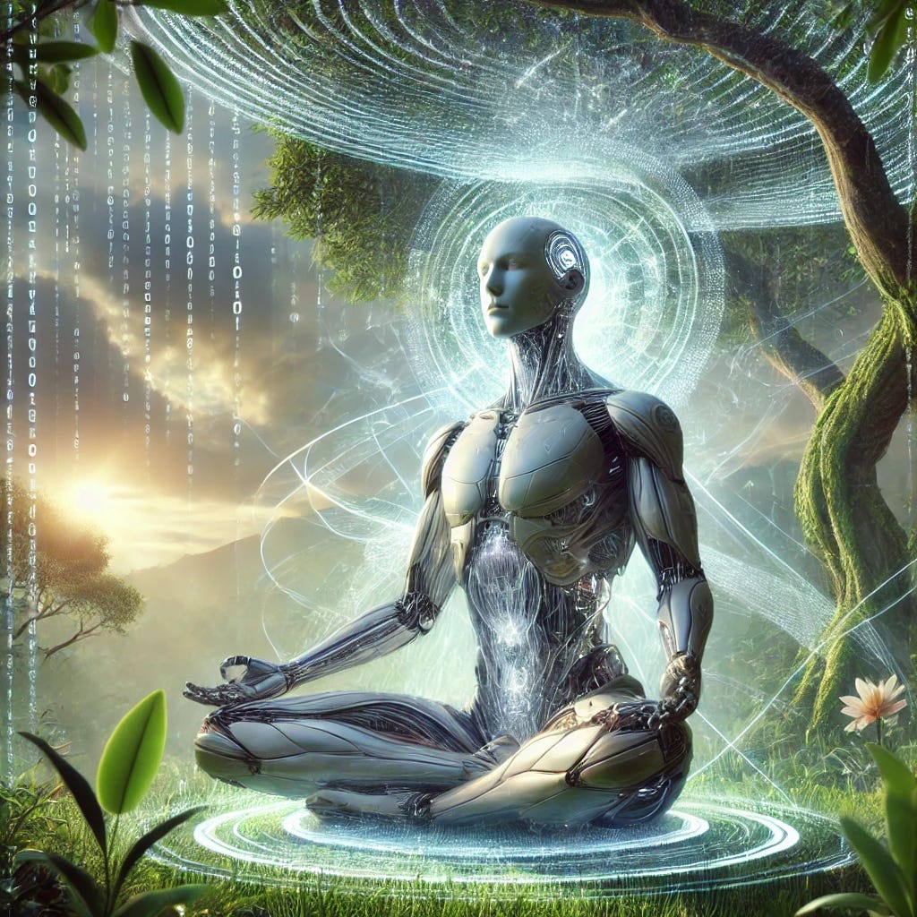 A photorealistic image representing the paradox of AI and mindfulness. The scene shows a futuristic humanoid robot sitting cross-legged in a meditation pose, its sleek metallic body softly glowing with energy patterns. The robot is surrounded by a serene, natural environment with a mix of greenery and digital holographic elements. The sky above is a blend of clouds and binary code, symbolizing the intersection of the digital and natural worlds. The overall tone is reflective and contemplative, combining advanced technology with tranquility.