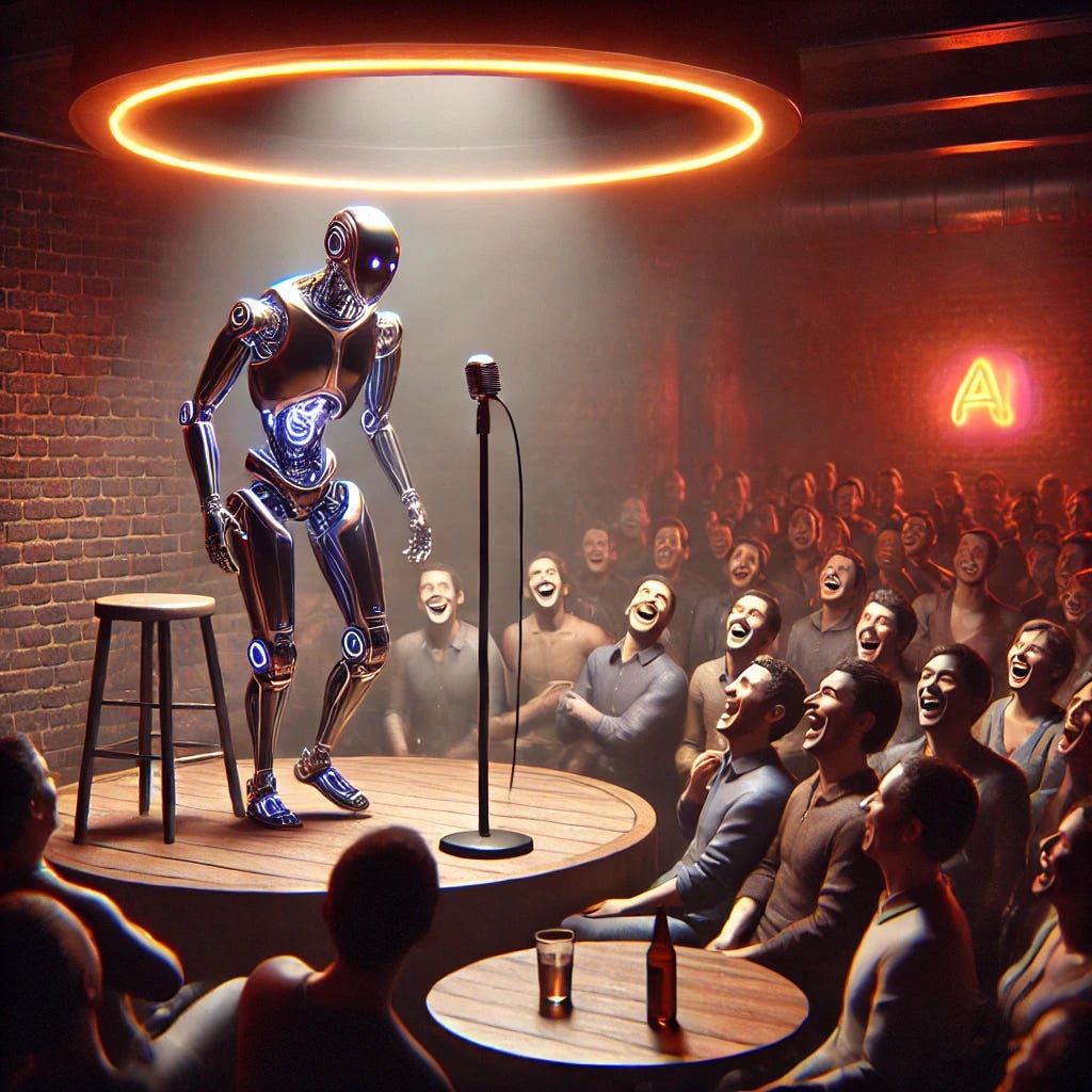 A photorealistic depiction of a humorous AI-human interaction. The image shows a sleek, futuristic robot attempting to perform stand-up comedy on a small stage in a dimly lit club. The robot’s face displays a glitchy, confused expression as a crowd of humans erupts into laughter—half at the awkwardness of the AI, half at the absurdity of the situation. The atmosphere combines advanced technology with a warm, comedic vibe, highlighting humanity's unique ability to find humor even in the age of AI.