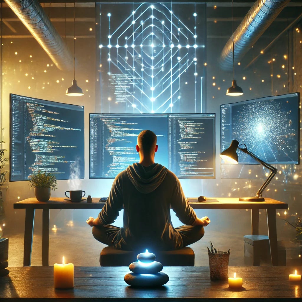 A photorealistic depiction of a serene workspace for debugging, blending mindfulness with technology. The scene shows an engineer sitting calmly in front of multiple glowing monitors displaying lines of code, with a soft, warm light illuminating the desk. On the desk, there’s a small plant, a steaming cup of tea, and a meditation stone. The engineer’s expression is focused and peaceful, exuding a sense of flow and clarity. In the background, subtle digital visuals like glowing pathways suggest the mental process of problem-solving in harmony. The atmosphere is tranquil yet high-tech.