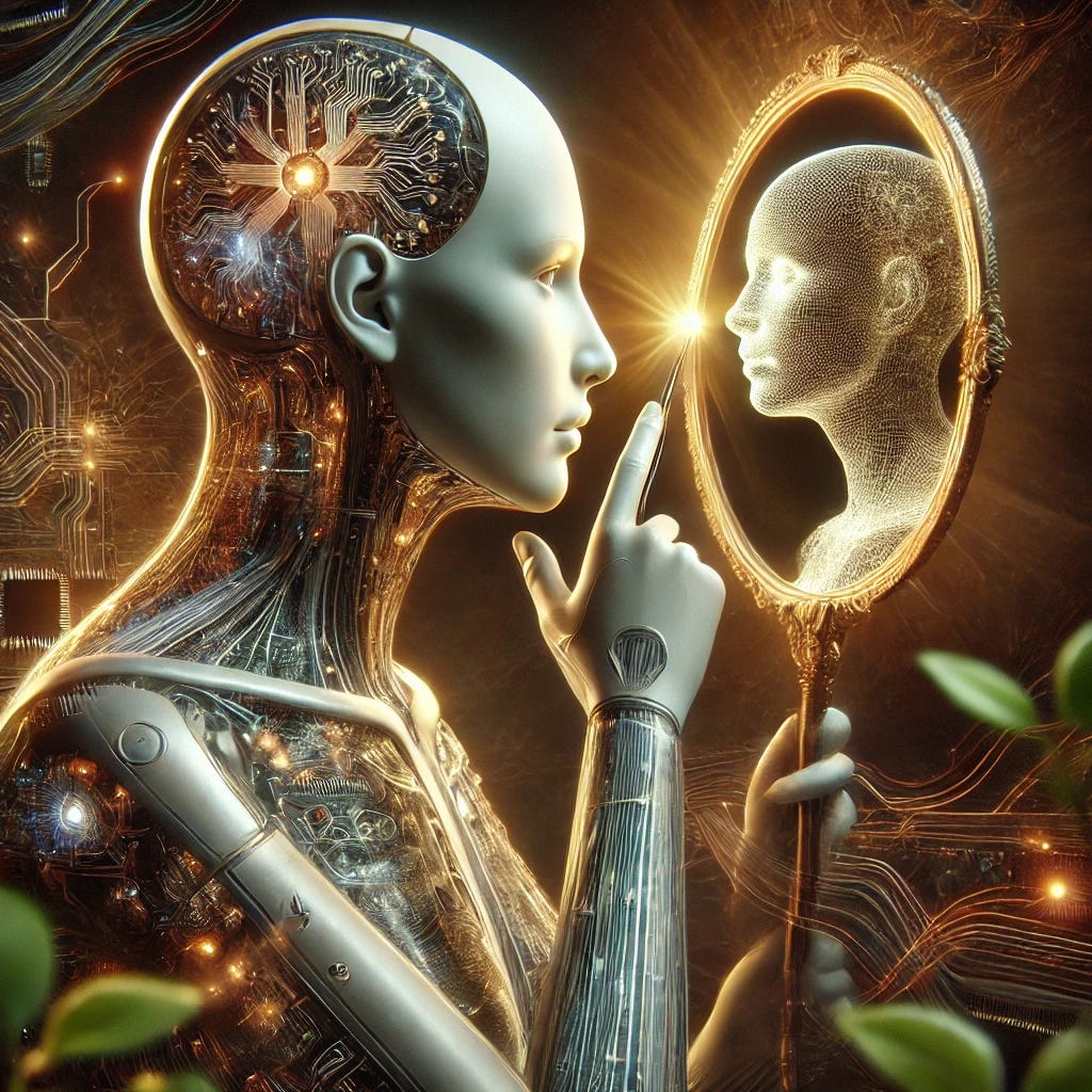 A photorealistic depiction of an abstract scene symbolizing the relationship between AI and humanity. The image features a humanoid AI figure with a sleek, metallic design holding a reflective mirror that shows a human face looking back. Around the AI, glowing neural networks and circuits merge seamlessly with natural elements like tree roots and leaves, representing the blend of technology and humanity. The atmosphere is introspective and futuristic, with a soft, warm light illuminating the interaction between the AI and the human reflection.