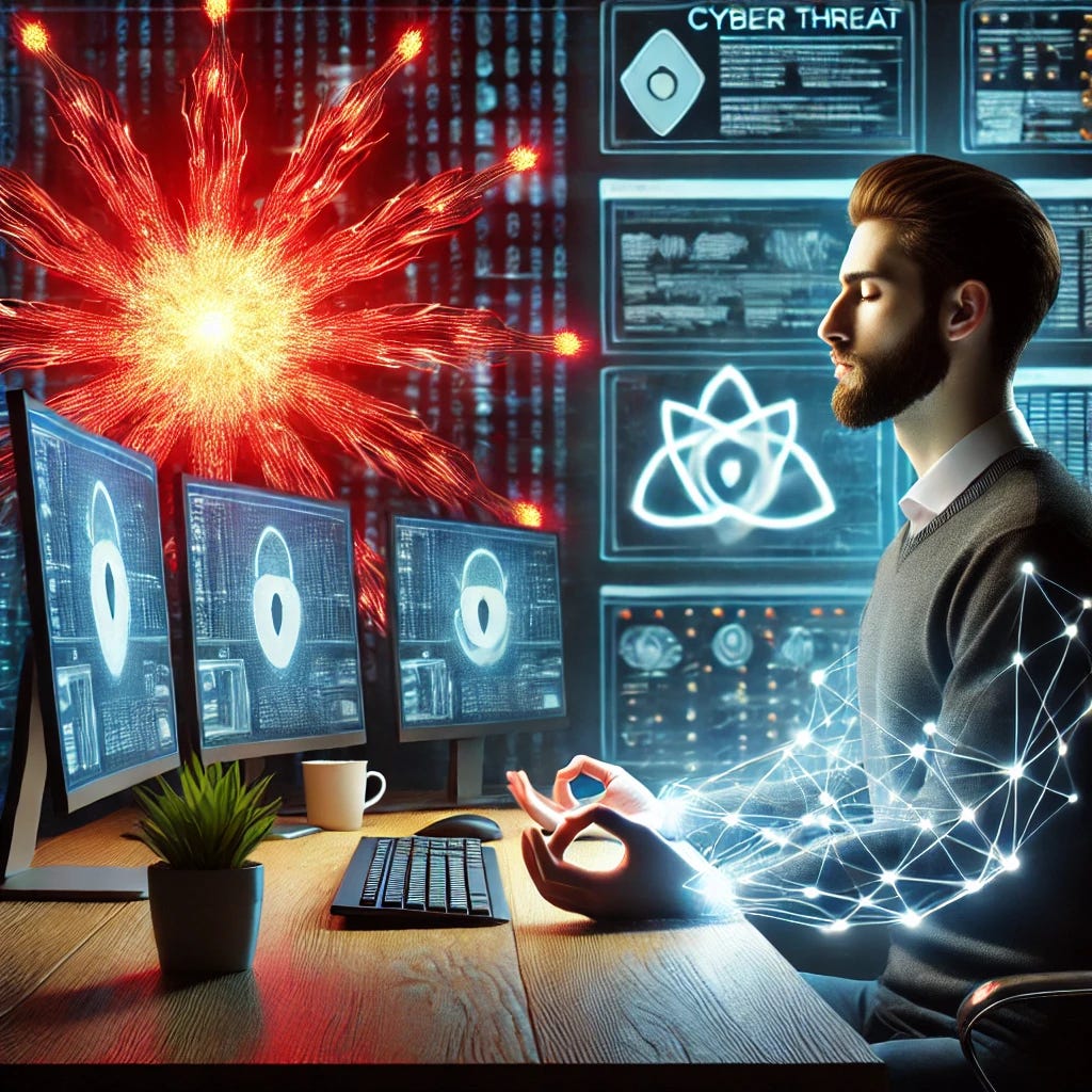 A photorealistic depiction of a cybersecurity engineer practicing mindfulness while addressing a cyber threat. The engineer sits calmly at a modern desk, with a serene expression, surrounded by multiple glowing computer monitors displaying complex threat analyses. In the background, a subtle digital representation of a malware attack (red, spiky digital patterns) contrasts with a soft, glowing aura around the engineer, symbolizing calm focus. The setting is a mix of high-tech and tranquility, with a small potted plant and a cup of tea on the desk to emphasize mindfulness.