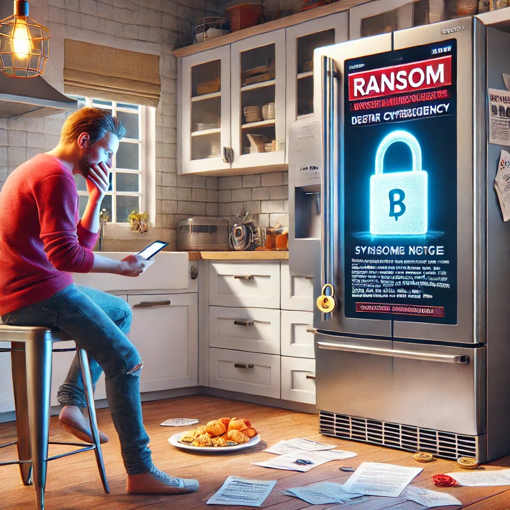 A photorealistic depiction of a humorous cybersecurity mishap. The image shows a high-tech smart fridge in a modern kitchen, with its screen displaying a ransom note demanding cryptocurrency. The fridge is surrounded by scattered documents and a confused homeowner looking at their phone in disbelief. A small digital padlock icon hovers in the air near the fridge, symbolizing a data breach. The scene is brightly lit with a mix of absurdity and realism, capturing the unexpected nature of cybersecurity gone wrong.