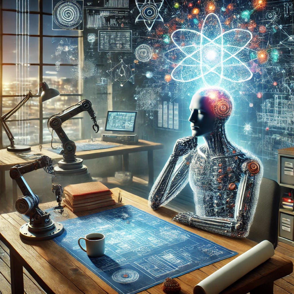 A photorealistic image of a futuristic engineer’s workspace that symbolizes creative problem-solving and brain-hacking. The desk is cluttered with blueprints, digital holograms of complex equations floating in mid-air, and a robotic arm in progress. The engineer, deep in thought, has a glowing neural interface visible on their head, signifying mental focus and enhanced cognitive abilities. The environment combines cutting-edge technology with subtle elements of mindfulness, like a small meditation cushion and a cup of herbal tea. The scene is vibrant and inspiring, blending innovation with introspection.