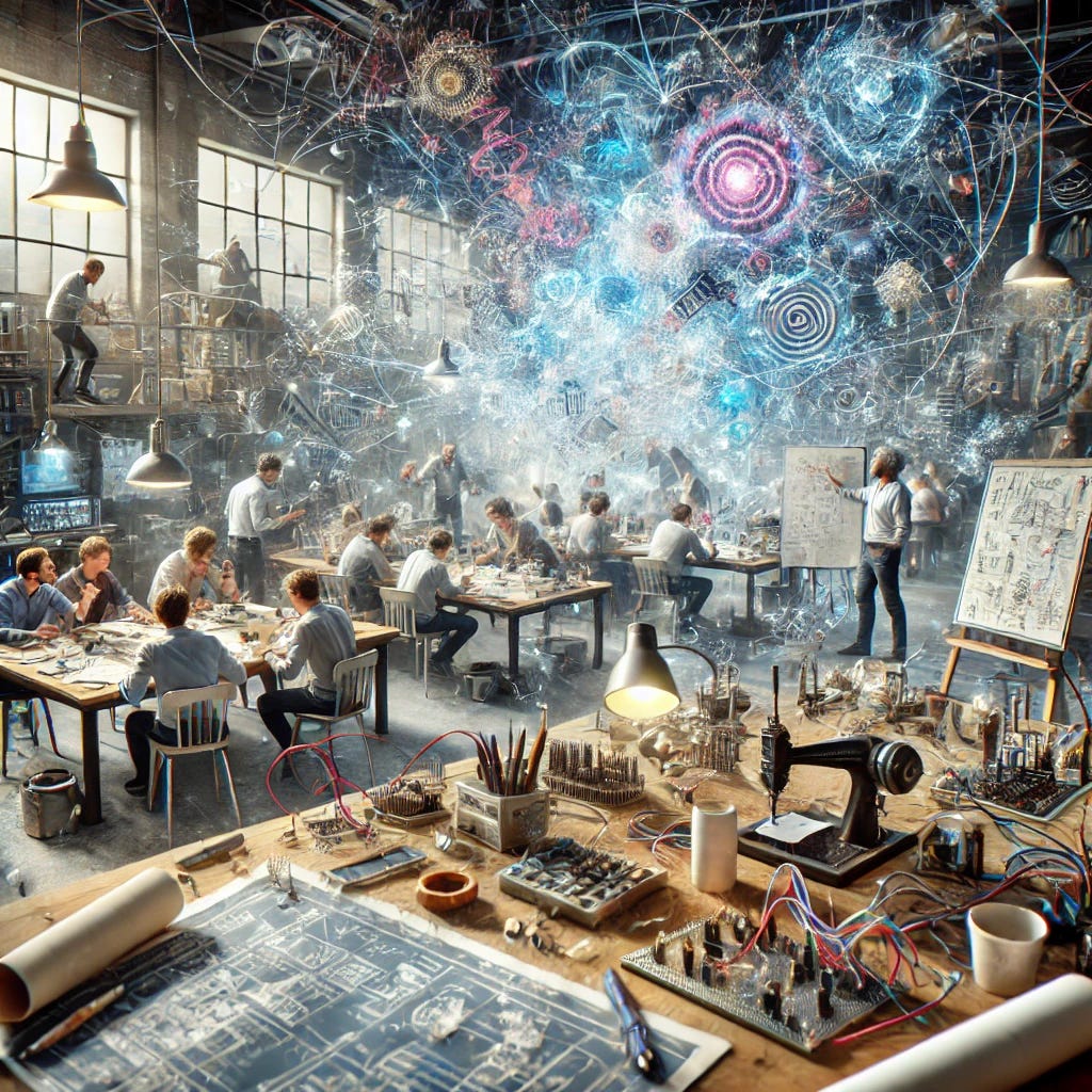 A photorealistic depiction of an engineering workspace where chaos and creativity merge. The scene shows an innovative project in progress: scattered blueprints, 3D-printed components, and a table covered in wires and tools. A group of engineers is gathered, excitedly sketching and prototyping, with holographic visuals of random, swirling designs floating above the workspace. In the background, elements of controlled chaos—spilled coffee, crumpled papers, and a whiteboard filled with scribbled ideas—highlight the energy of embracing unpredictability in creation. The atmosphere is dynamic and inspiring.